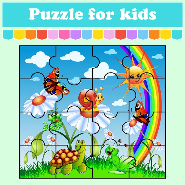 Jeu Puzzle Pour Enfants Animaux Insectes Dans Une Prairie Avec — Image vectorielle