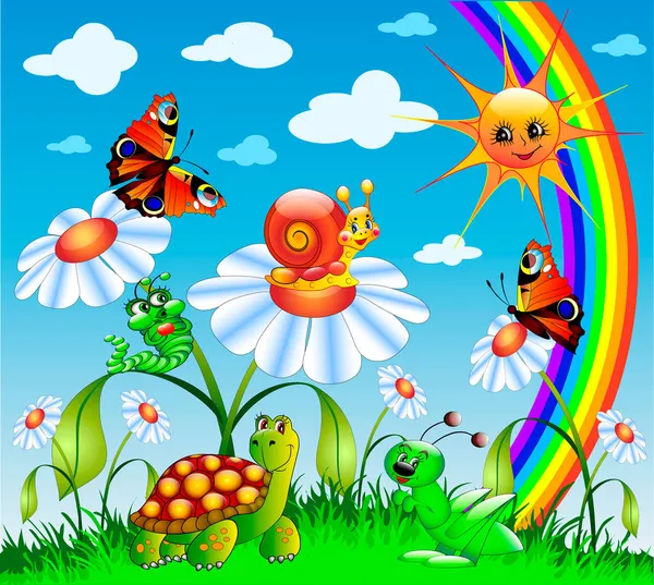 花と虹のある牧草地での明るい動物や昆虫の子供のイラスト — ストックベクタ