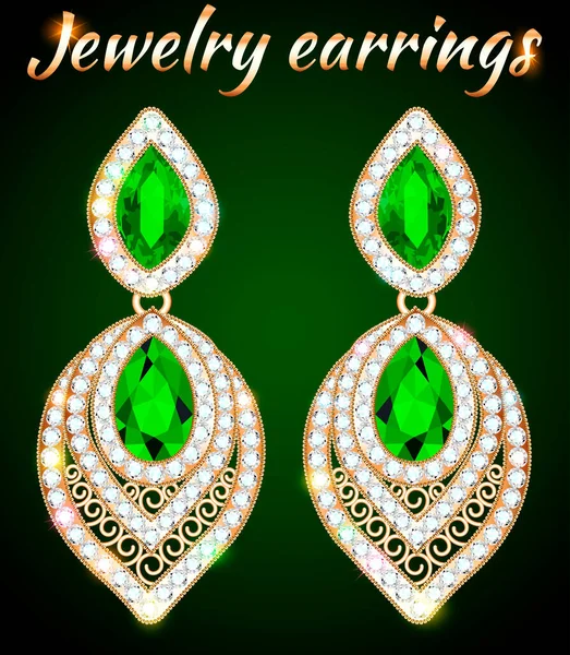 Illustration Gold Jewelry Earrings Emerald Precious Stones — Stock Vector