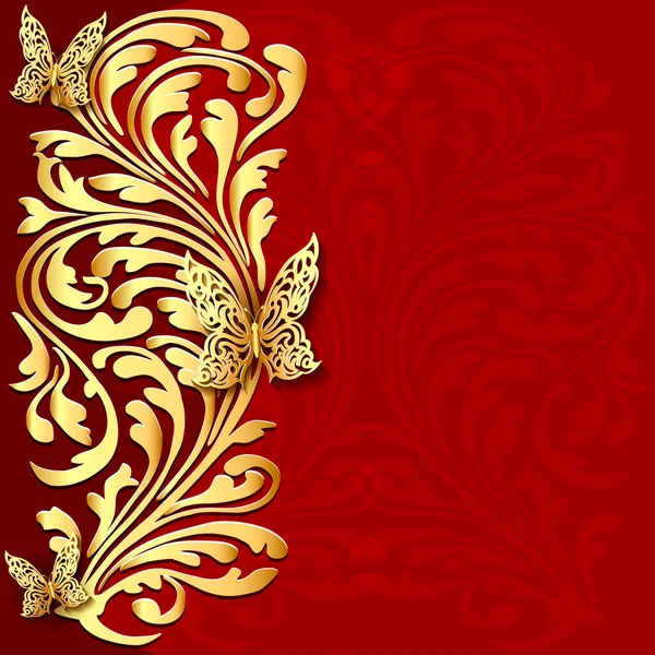 Ilustração Fundo Floral Vermelho Com Ornamentos Ouro Borboletas Com Lugar — Vetor de Stock