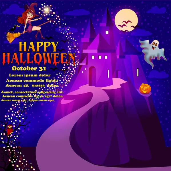 Vrolijke Halloween Halloween Vliegende Kleine Heks Meisje Halloween Kostuum Houdt — Stockvector