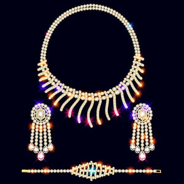 Illustration Ensemble Mariage Bijoux Avec Collier Pierres Précieuses Boucles Oreilles — Image vectorielle