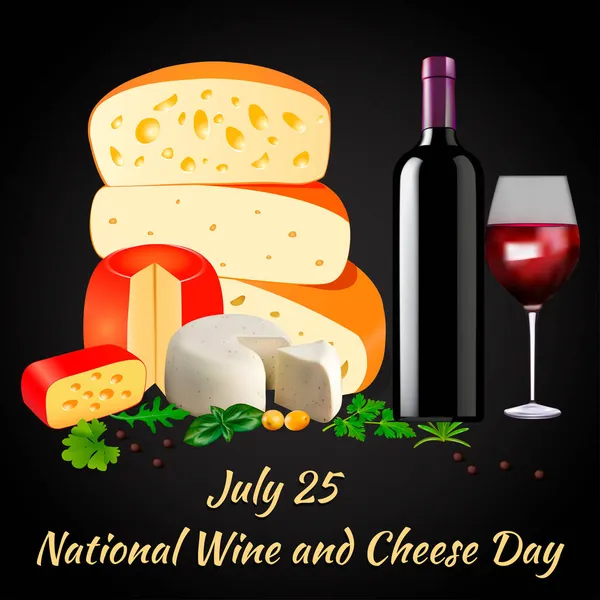7月25日国际葡萄酒和奶酪日明信片 内附一瓶奶酪和葡萄 — 图库矢量图片