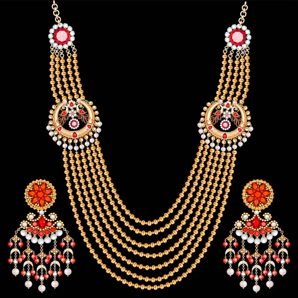Illustration Set Von Indischen Pfau Hochzeit Halskette Und Ohrringe — Stockvektor