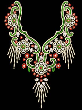 Tekstil için sanatsal tasarım çizimi. Boncuk ve yapay elmaslarla işlenmiş boynun süslemesi. 