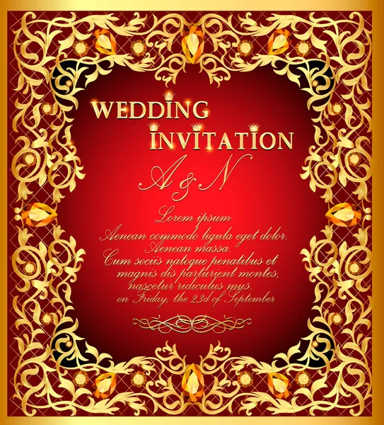 Illustration Wedding Invitation Gold Ornaments Precious Stones — Stock Vector
