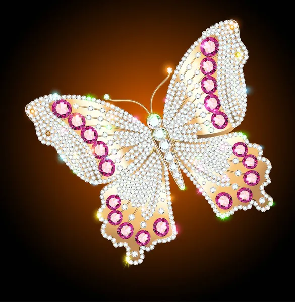Ilustrace Zářících Šperků Motýlí Brož Drahými Kameny — Stockový vektor