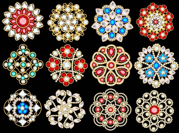 Illustrazione Set Spilla Oro Gioielli Con Pietre Preziose Perle Elementi — Vettoriale Stock
