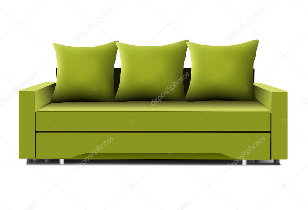 Illustration of green sofa with pillows isolated on white 