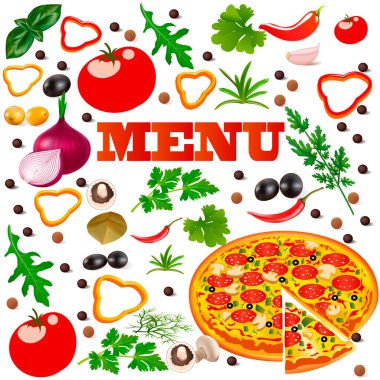 Sebze, baharat ve pizza ile bir menü İtalyan gıda için İllüstrasyon arka plan