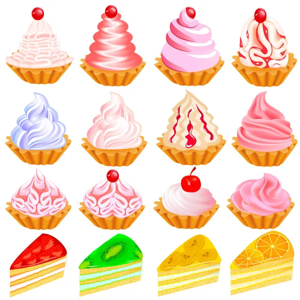 Illustration Set Delicious Cakes White — Stock Vector