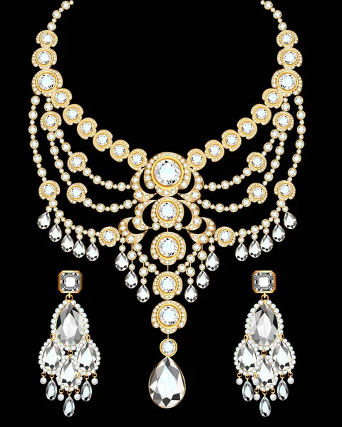 Illustration Set Halskette Und Ohrringe Hochzeit Weiblichen Diamanten — Stockvektor