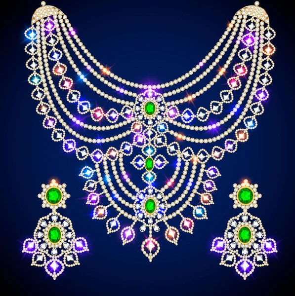 Illustration Set Halskette Und Ohrringe Hochzeit Weiblichen Diamanten Und Smaragd — Stockvektor