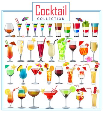 Şarap ve meyve tüpleri ve şemsiyelerle süslenmiş farklı bardaklar ve farklı kokteyller..