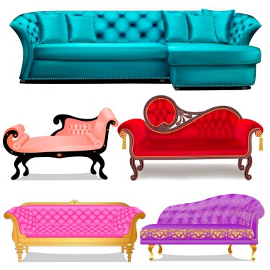 Beyaz arka planda izole edilmiş bir dizi eski kanepenin tasviri