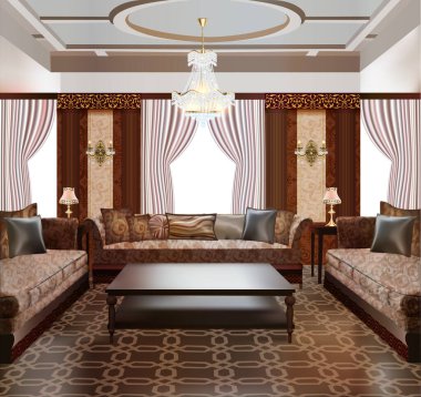 Oturma odasının içi, kanepe lambaları ve avizelerle dolu. 