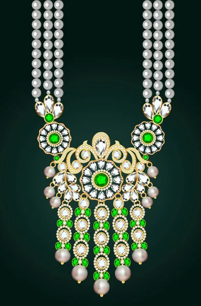 Illustration Collier Bijoux Avec Perles Émeraudes Pierres Précieuses — Image vectorielle