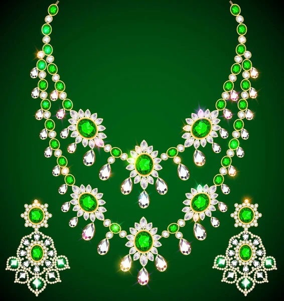 Illusztráció Készlet Nyaklánc Fülbevaló Esküvői Női Gyémánt Smaragd — Stock Vector