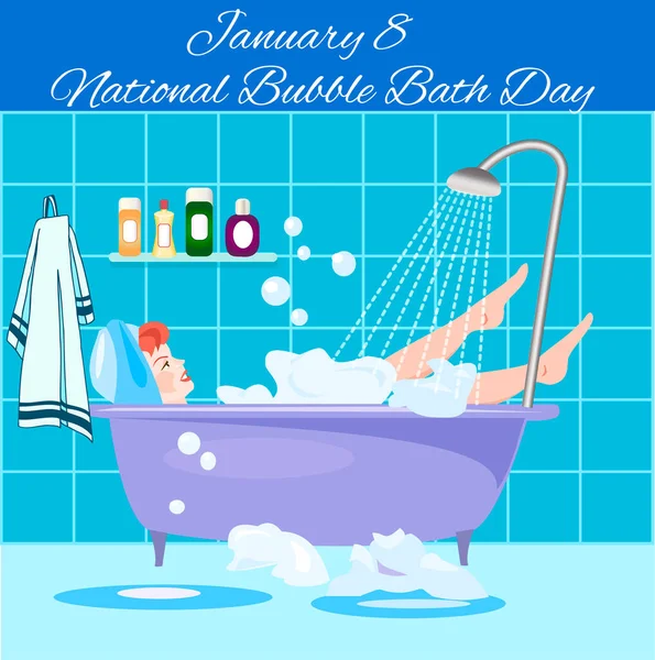 一个用泡沫和淋浴洗澡的女孩的例子 国家泡泡浴日 — 图库矢量图片