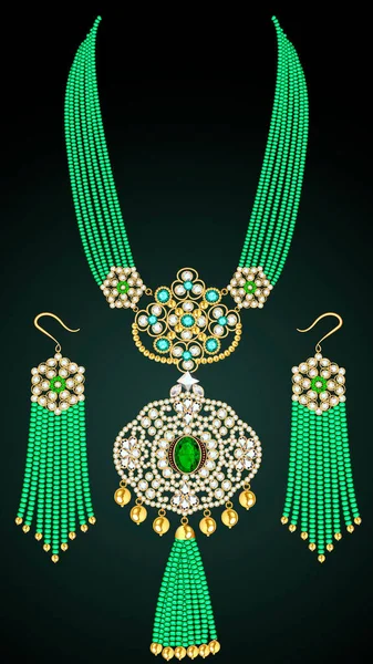 Illustration Golden Necklace Earrings Beads Emeralds Precious Stones — Stock Vector