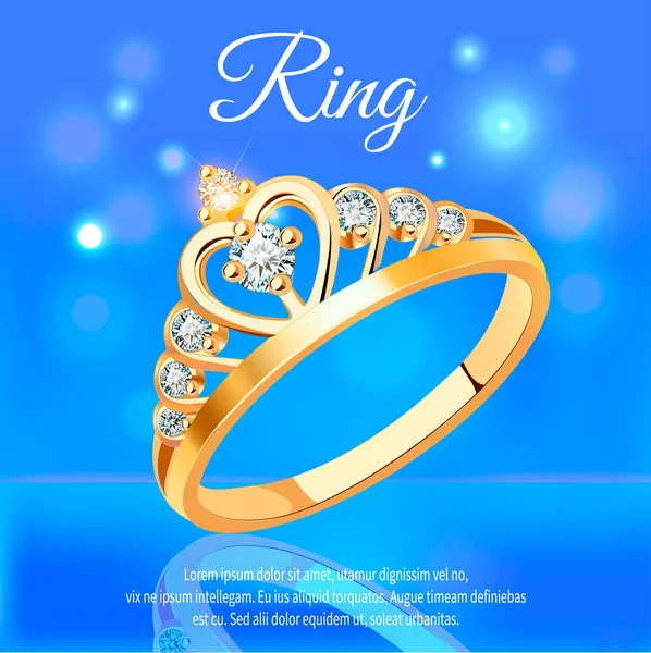 Illustration Hintergrund Mit Goldenem Diamantring Auf Blauem Hintergrund — Stockvektor