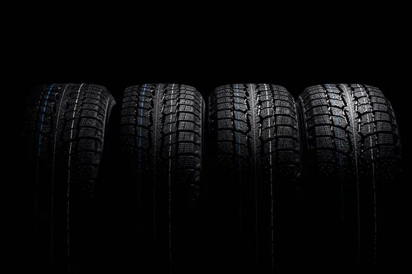 Set Winter New Tires Black Background — Stock Photo, Image