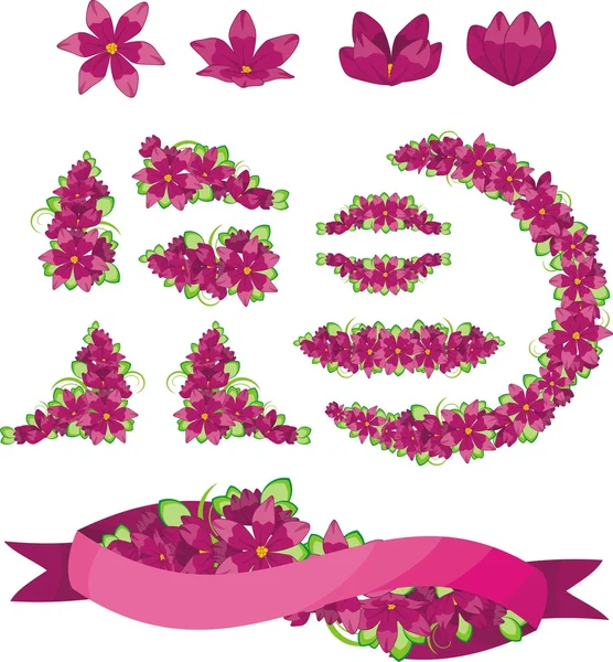 Set di fiori viola e nastro — Vettoriale Stock