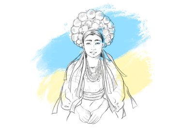 Ukraynalı, Ukrayna bayrağının arka planında, ulusal bir kostüm ve baş çelengi giymiş genç bir kız.