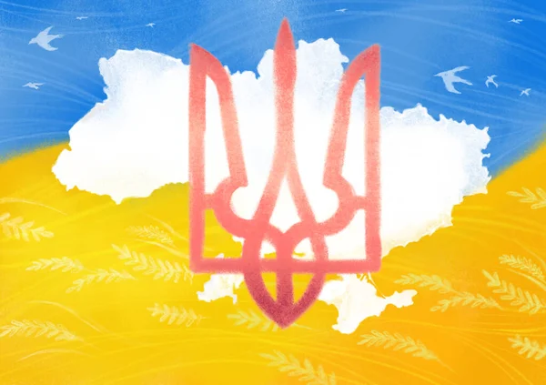 带有三叉戟的乌克兰地图 国家象征 手绘插图 — 图库照片