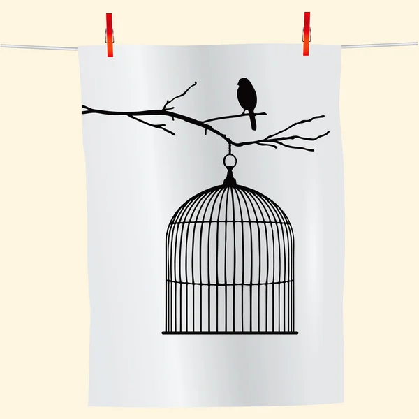 Oiseau sur une branche et cage à oiseaux — Image vectorielle