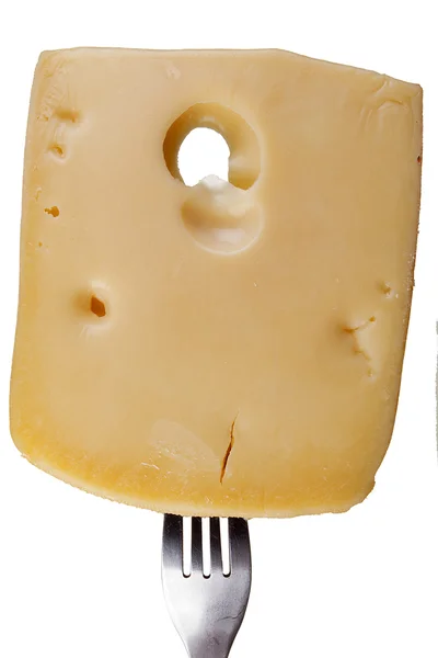 Stück Käse auf einer Gabel — Stockfoto