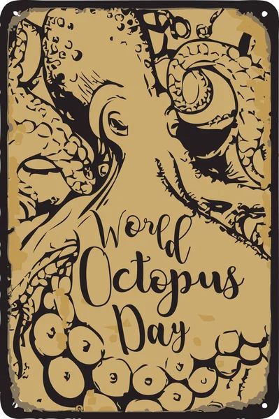 Oude Vintage Bord Naar Datum Wereld Octopus Dag Vector Illustratie — Stockvector