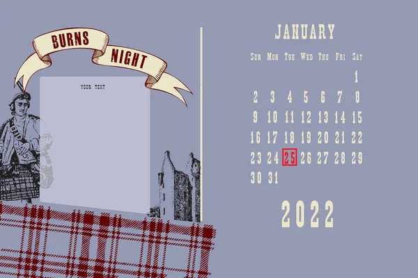 Carte Postale Standard Avec Dates Calendrier Janvier 2022 Burns Night — Image vectorielle