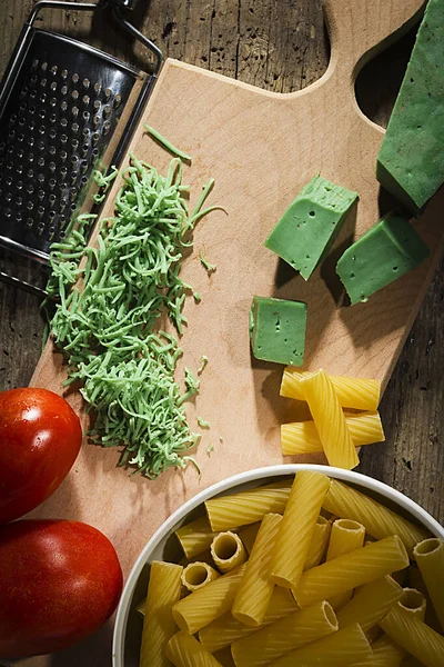 Ingredients Pasta Cheese Wooden Table — Stock Photo, Image