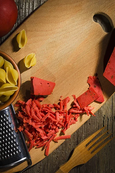 Ingredienti Pasta Con Formaggio Tavolo Legno — Foto Stock