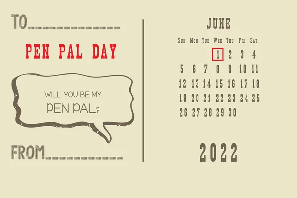 休日イベントの日付別カレンダーグリッド付きカレンダーページ Pen Pal Day — ストックベクタ
