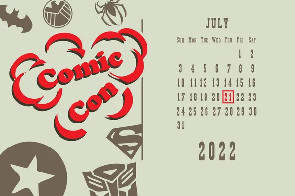 Страница Календаря Календарной Сеткой Датам Праздников Comic Con — стоковый вектор