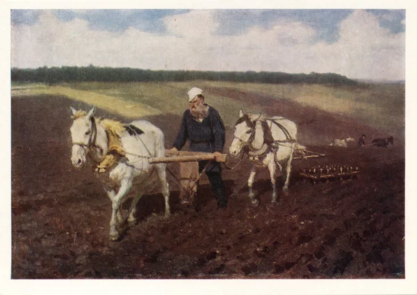 Painting "Leo Tolstoy at the plow" by Ilya Repin on postcard — Stock Photo, Image