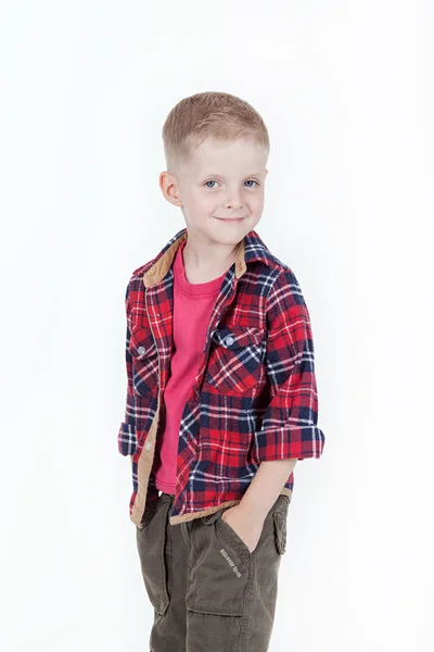 Boy in red shirt in black cell — Stock Photo, Image