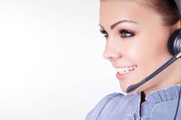 Close-up portrait of a customer service agent, isolated on white