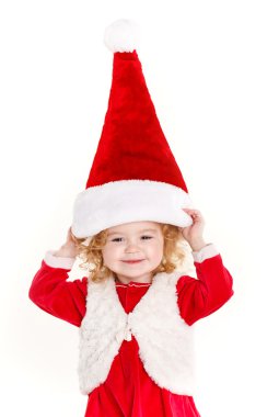 mevcut giyen Noel Baba şapkası üzerinde beyaz izole tutan çocuk
