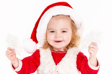 mevcut giyen Noel Baba şapkası üzerinde beyaz izole tutan çocuk