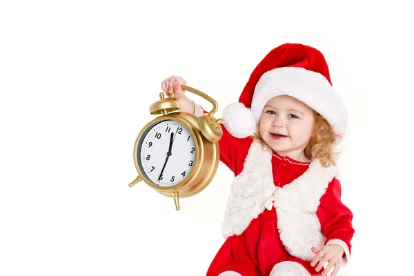 Kind hält Geschenk mit Weihnachtsmütze isoliert auf weiß — Stockfoto