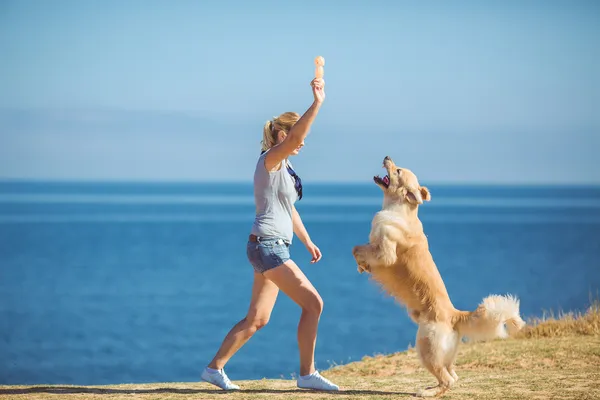 Ung kvinna, labrador hund, hav — Stockfoto