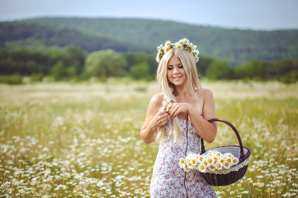 Attractive blonde in chamomile field. Young woman in wreath — Stock Photo, Image