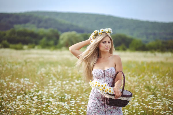 Attractive blonde in chamomile field. Young woman in wreath — Stock Photo, Image