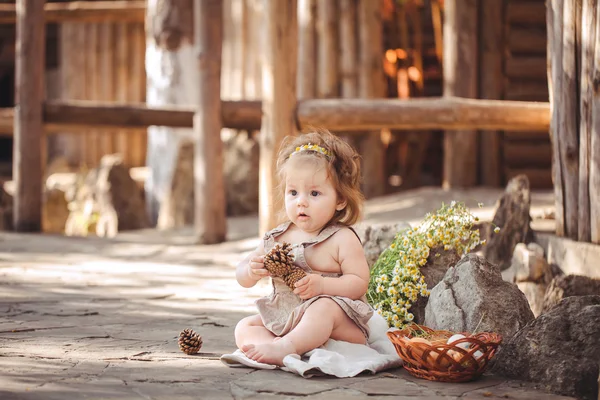 Little girl playing with rabbit in the village. Outdoor. Summer portrait. — Stock Photo, Image