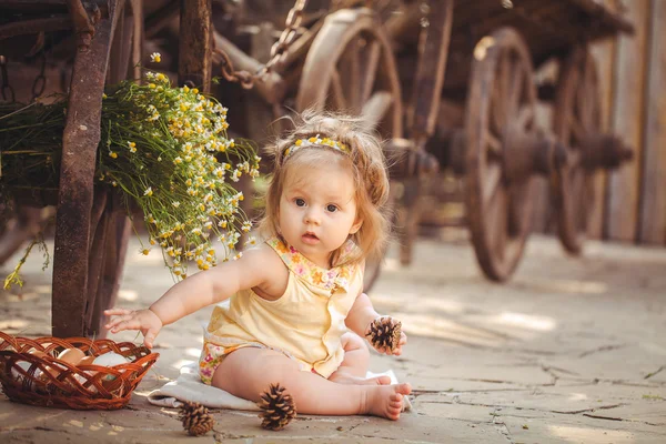 Little girl playing with rabbit in the village. Outdoor. Summer portrait. — Stock Photo, Image