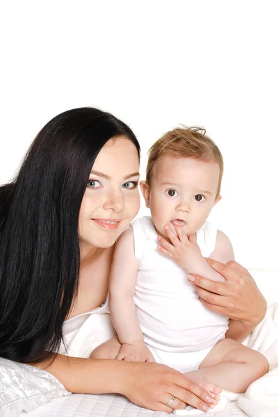 Portrait of mother playing with her baby infant isolated on white background — Stock Photo, Image