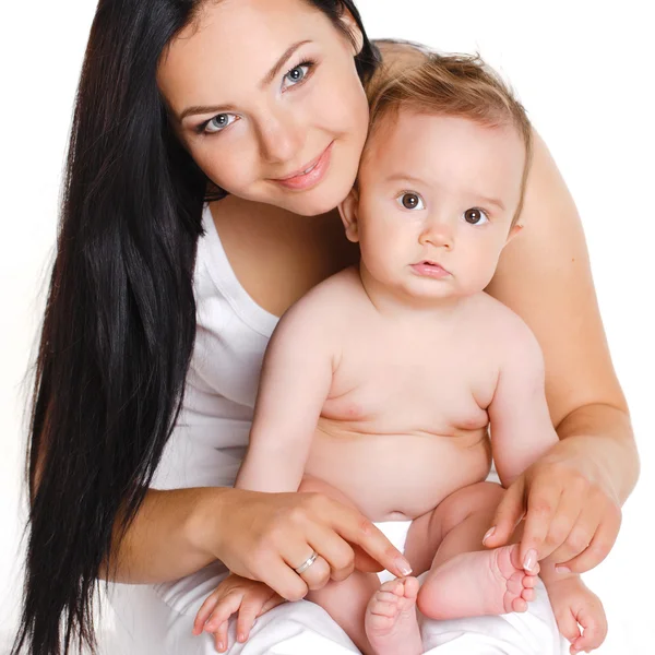 Mother with baby isolated on white. Happy family with newborn. — Stock Photo, Image